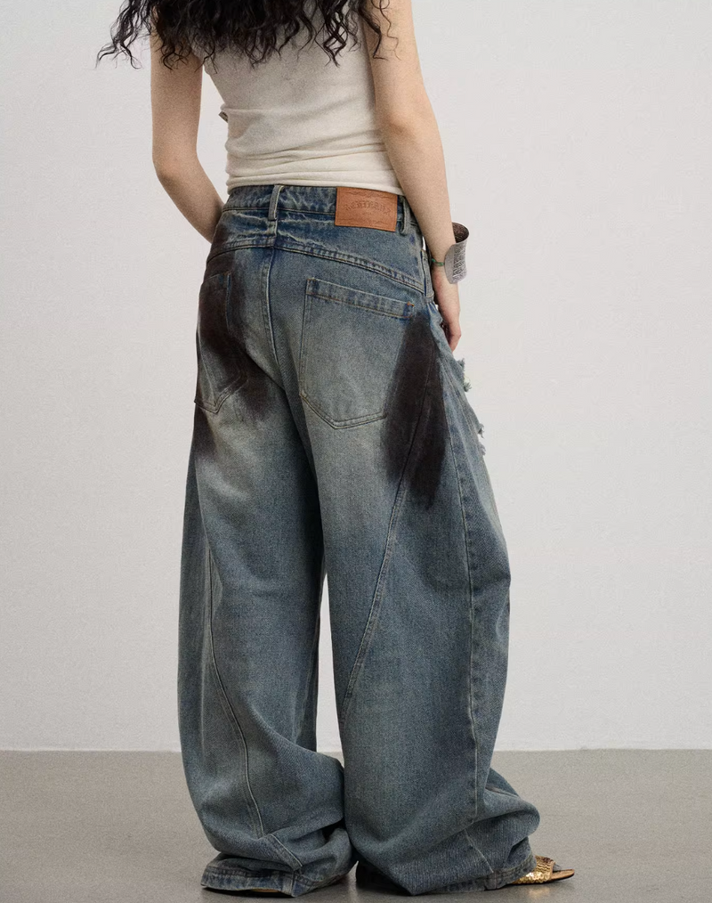 ダーティーウォッシュ ダメージ ワイドデニムパンツ / Dirty distressed denim pants   N5589