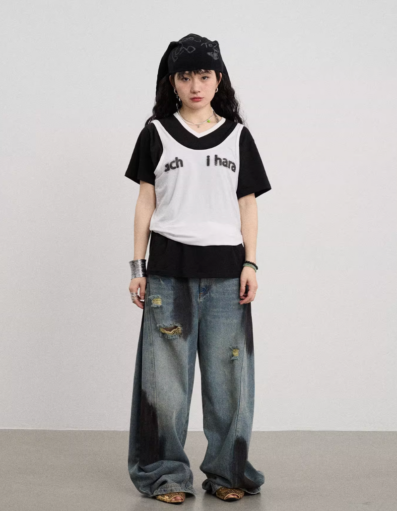 ダーティーウォッシュ ダメージ ワイドデニムパンツ / Dirty distressed denim pants   N5589