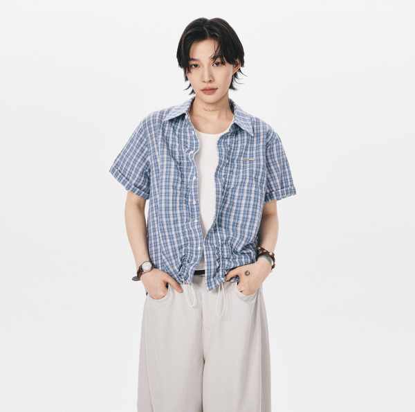 裾ドローコード付き チェック柄 半袖シャツ / Checked Wrinkle Shirt   N5598