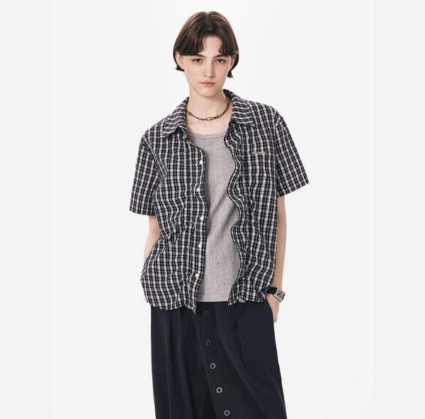 裾ドローコード付き チェック柄 半袖シャツ / Checked Wrinkle Shirt   N5598
