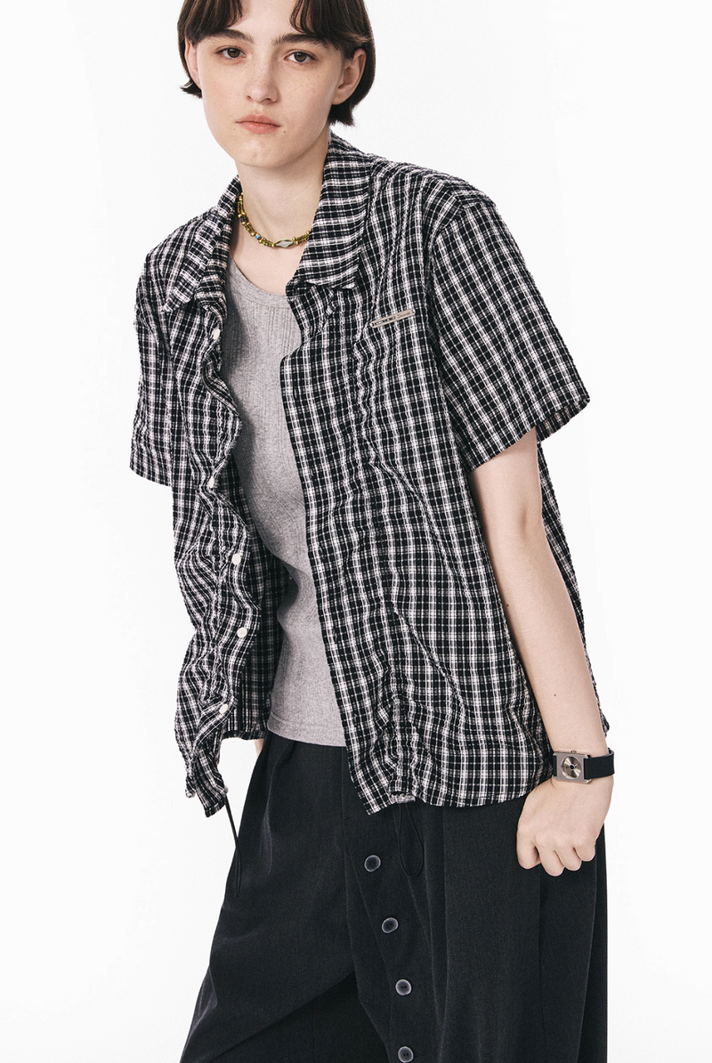 裾ドローコード付き チェック柄 半袖シャツ / Checked Wrinkle Shirt   N5598