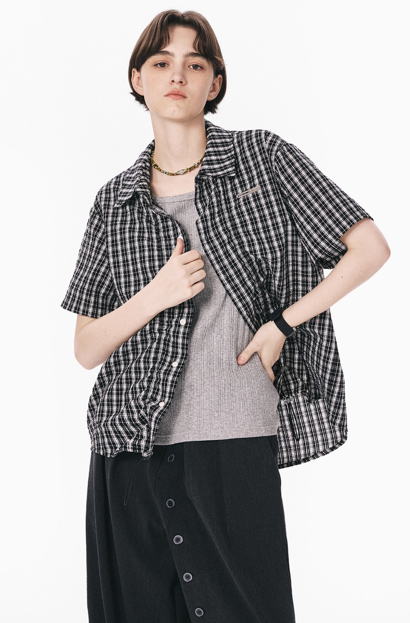 裾ドローコード付き チェック柄 半袖シャツ / Checked Wrinkle Shirt   N5598