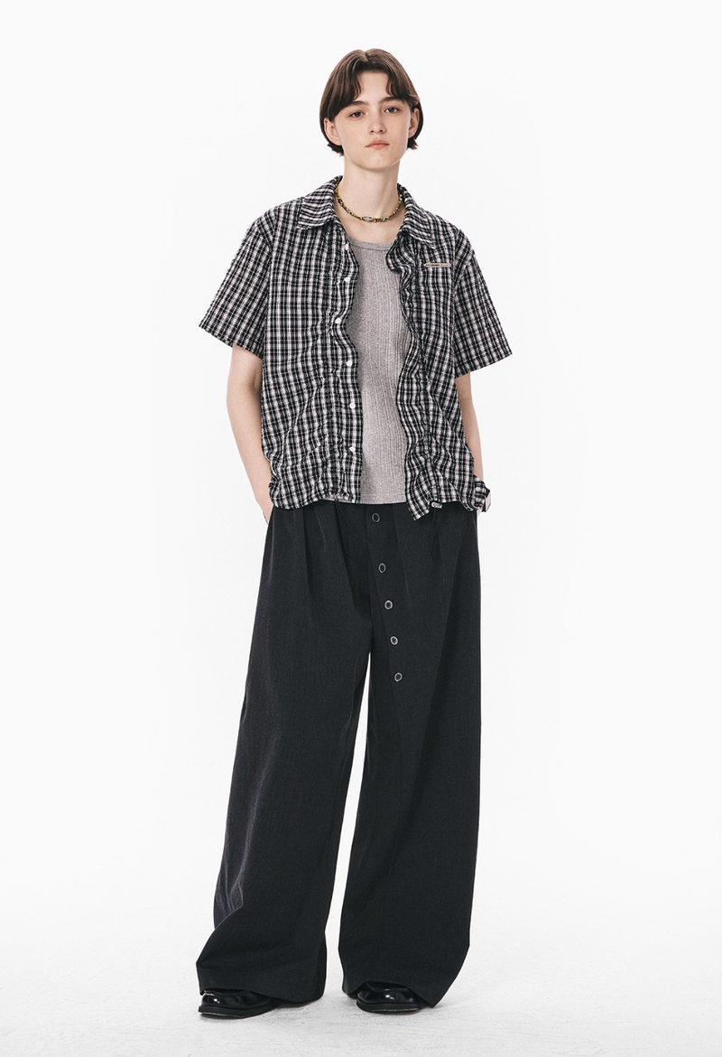 裾ドローコード付き チェック柄 半袖シャツ / Checked Wrinkle Shirt   N5598
