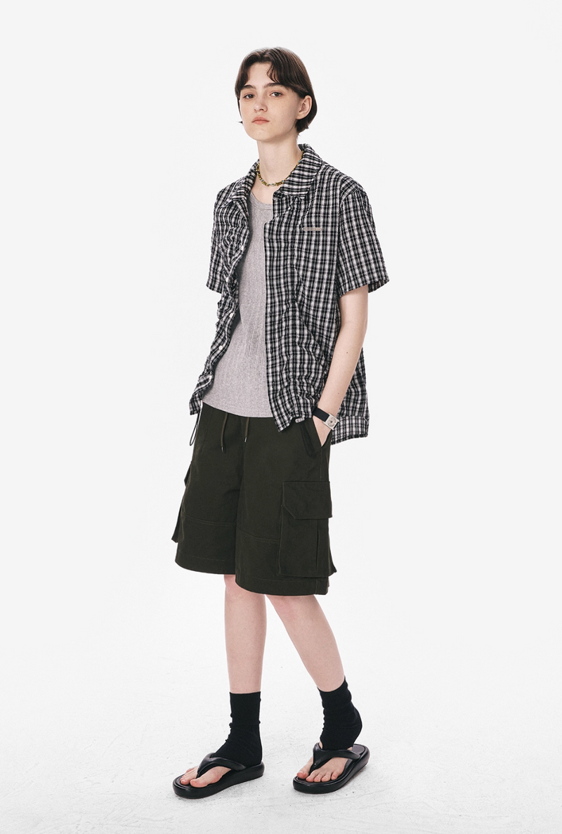 裾ドローコード付き チェック柄 半袖シャツ / Checked Wrinkle Shirt   N5598