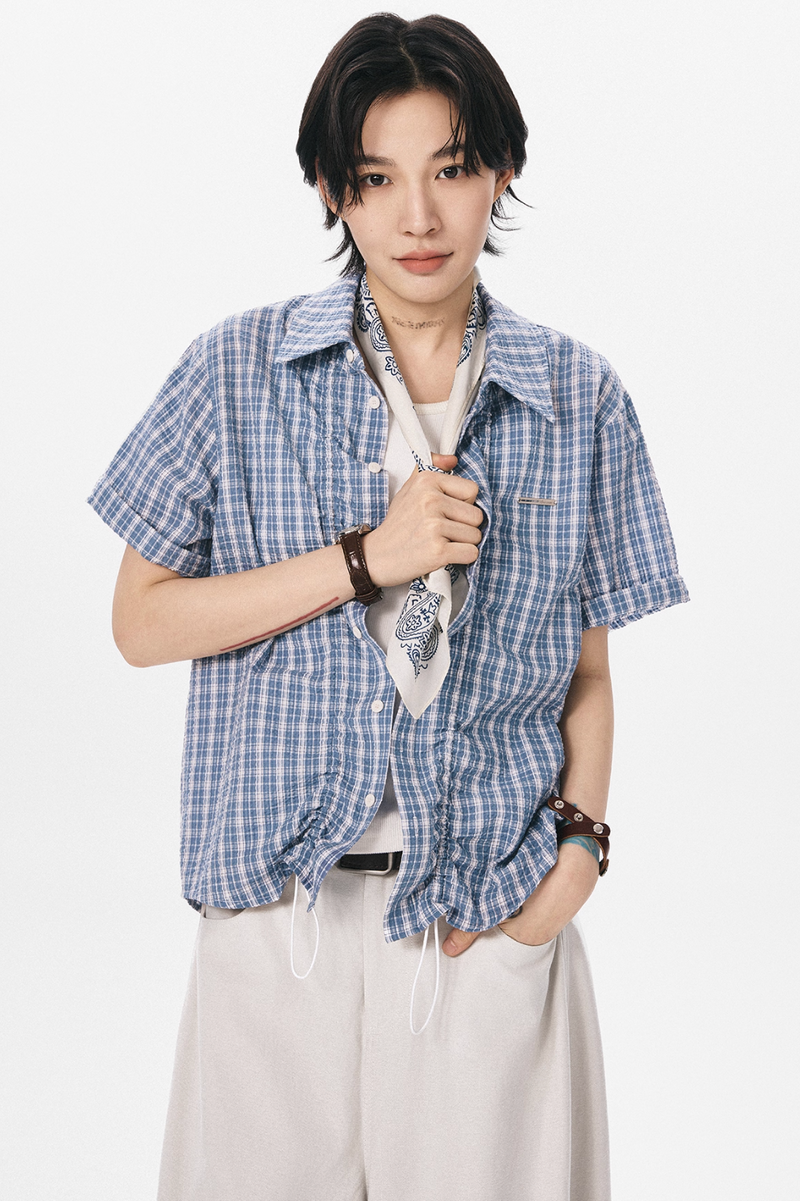裾ドローコード付き チェック柄 半袖シャツ / Checked Wrinkle Shirt   N5598