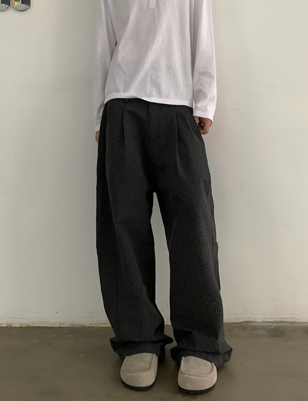 クリンクル加工・チェック柄カーブパンツ  N5671