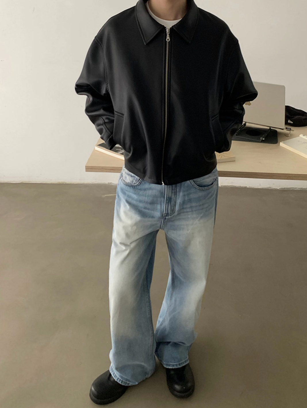 ミニマル・ジップアップ レザージャケット  N5688