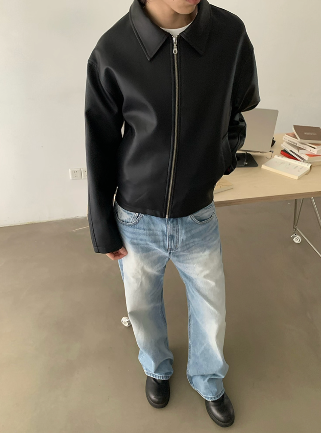 ミニマル・ジップアップ レザージャケット  N5688