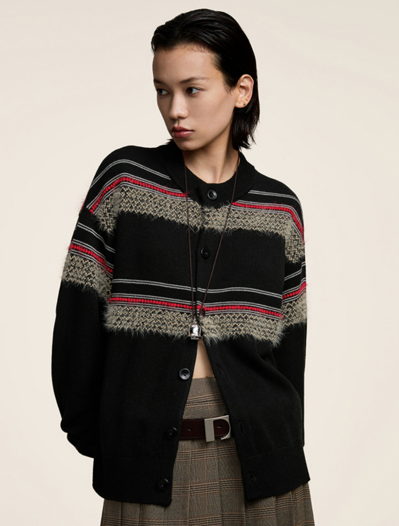 シャギー・ジャカード・クルーネックカーディガン N6096