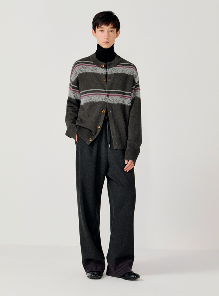 シャギー・ジャカード・クルーネックカーディガン N6096