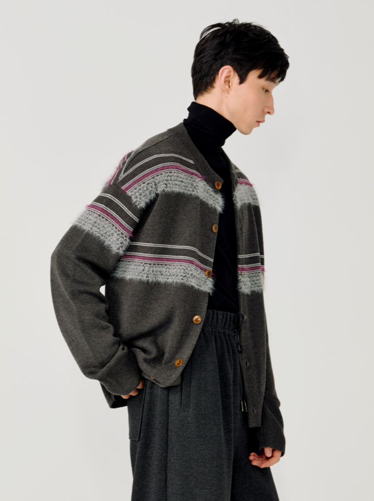 シャギー・ジャカード・クルーネックカーディガン N6096