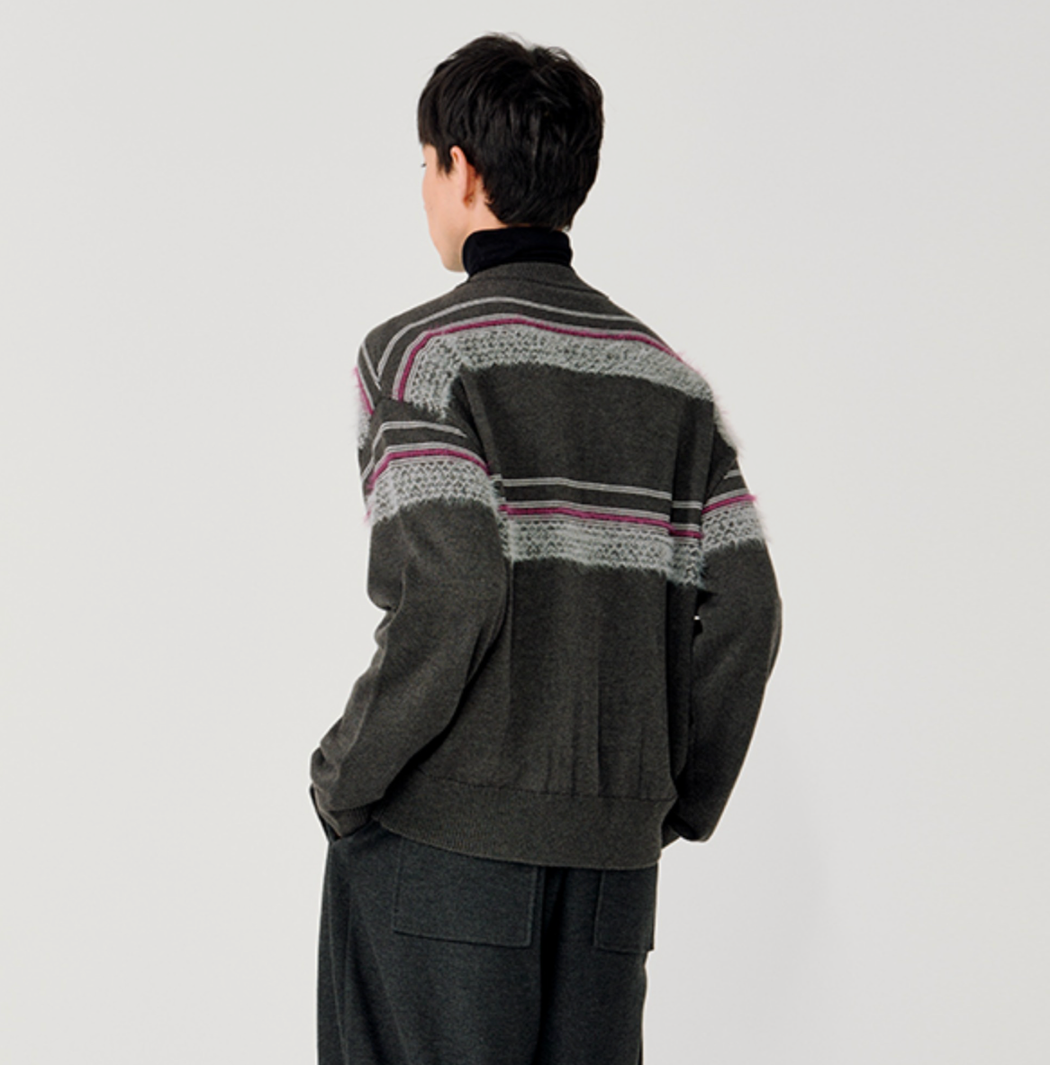 シャギー・ジャカード・クルーネックカーディガン N6096