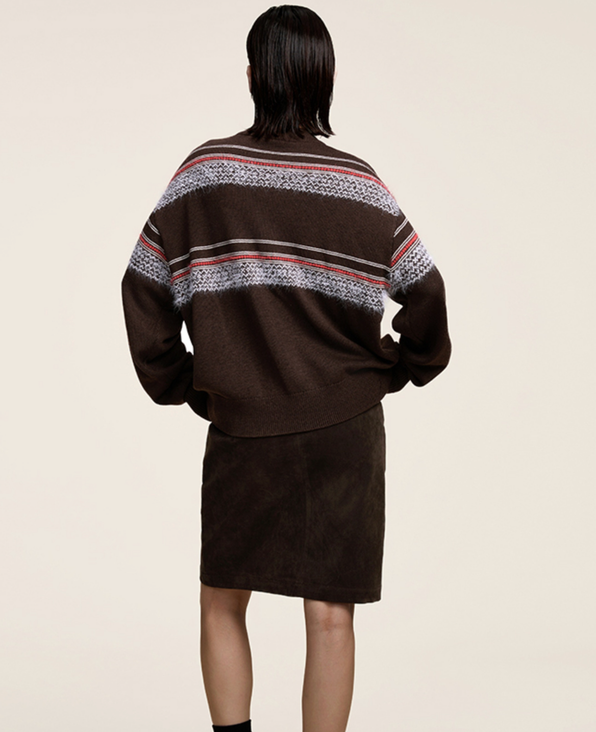 シャギー・ジャカード・クルーネックカーディガン N6096