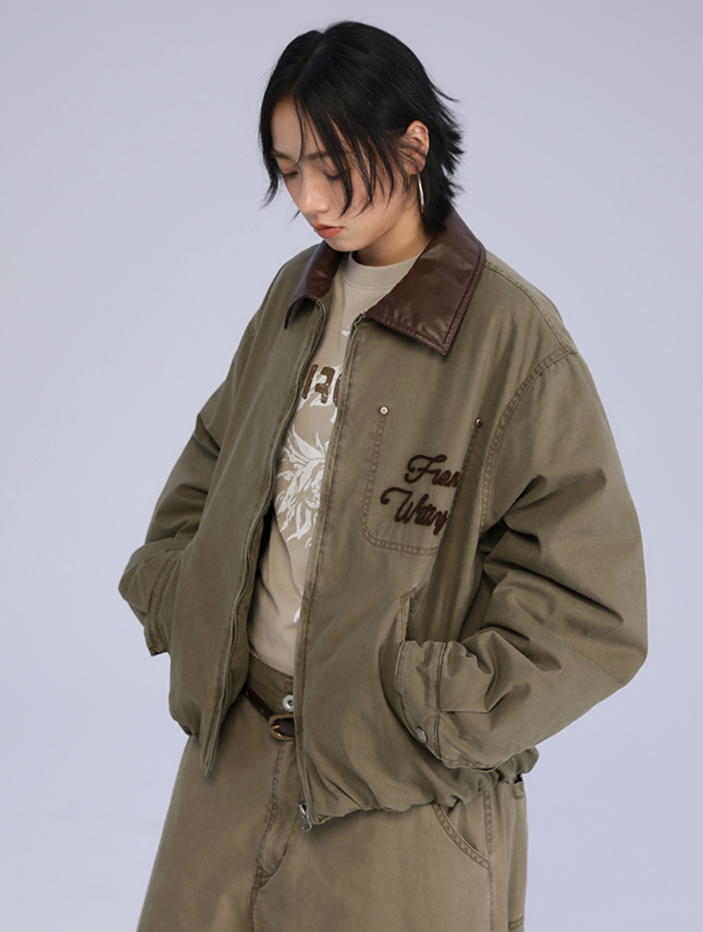 レザー襟ウォッシュドコットン・中綿ショートジャケット N6165