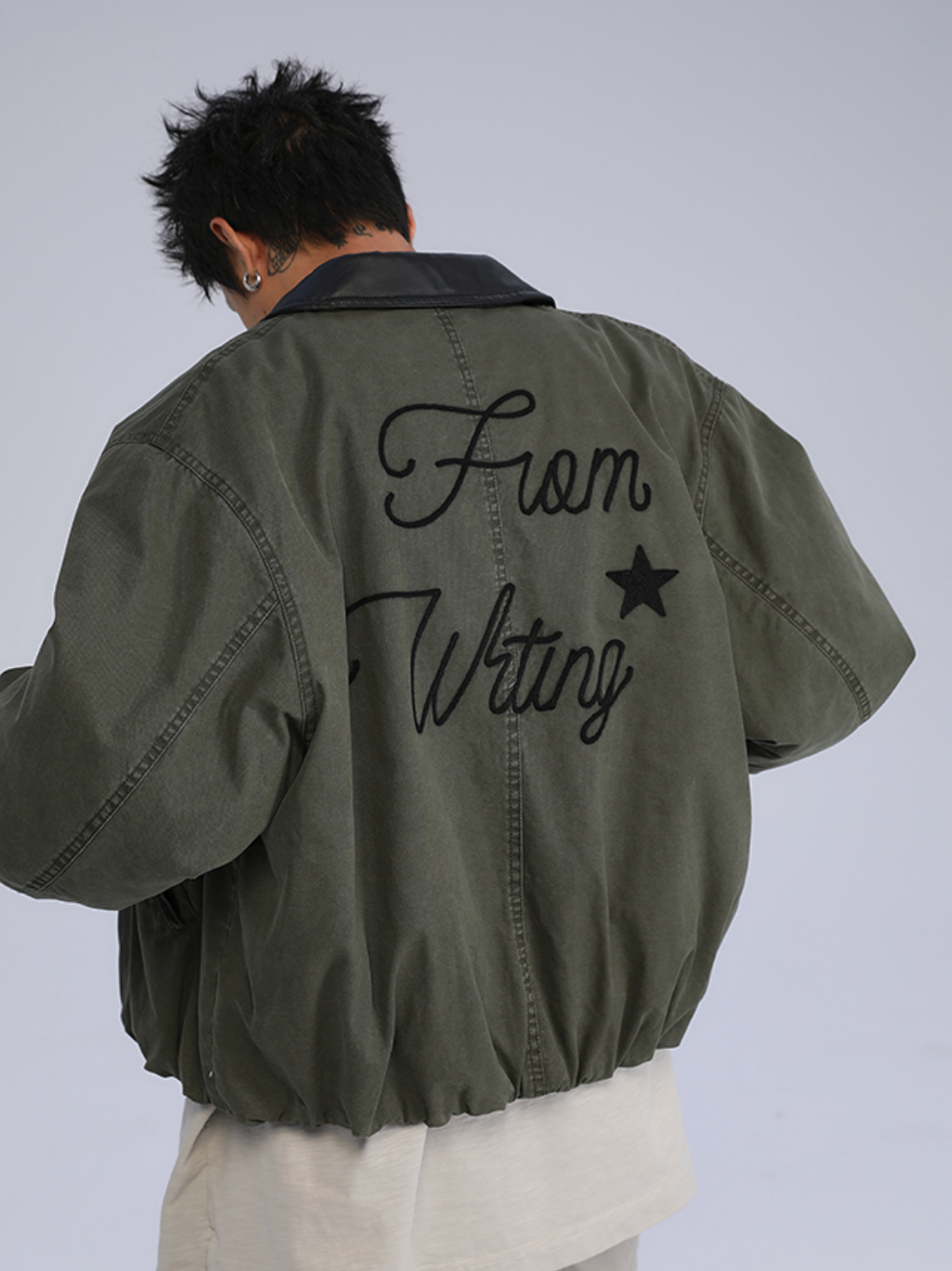 レザー襟ウォッシュドコットン・中綿ショートジャケット N6165