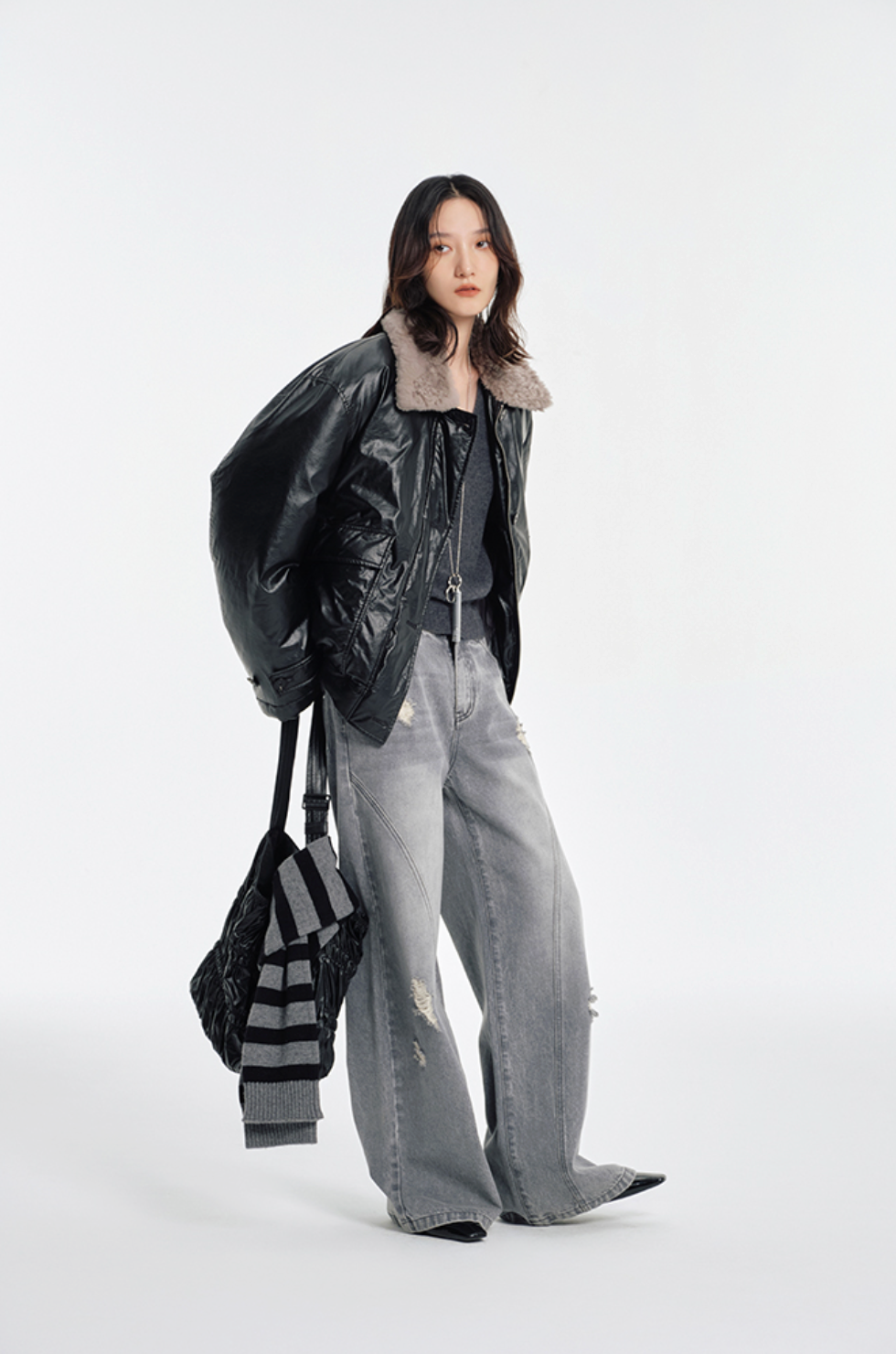 90/10カシミヤウール・ダブルレイヤー・ストライプマフラー　N6171