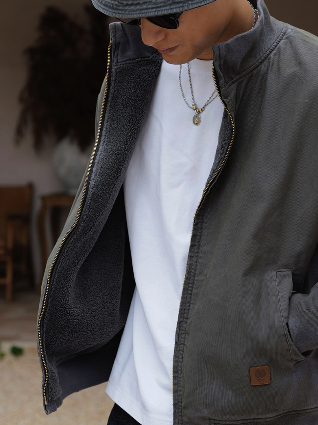 スプレーダイ＆ダメージ加工・裏起毛・スタンドカラーブルゾン　N6221