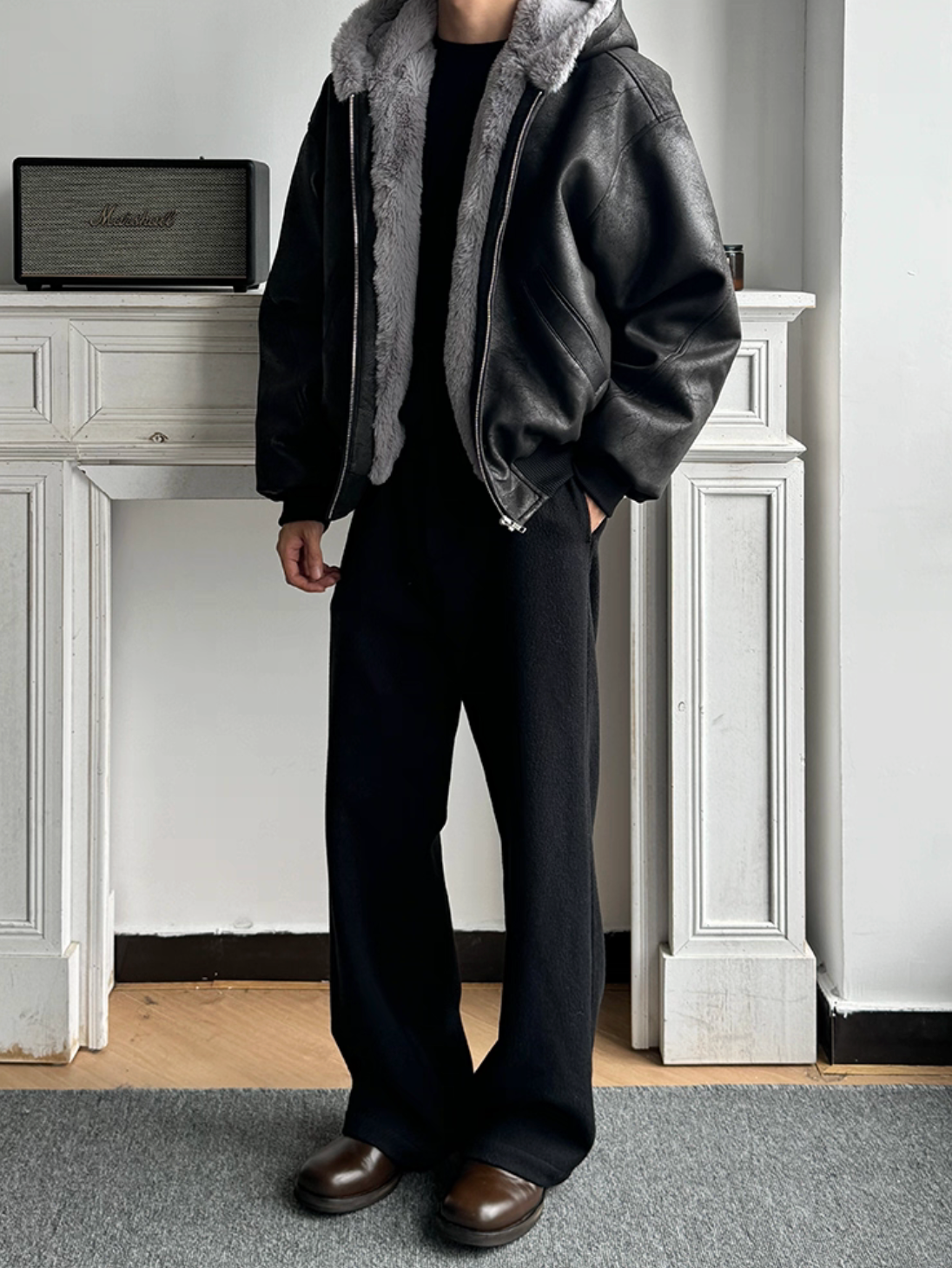 1500Gミンク風ボア・クラックドPUレザー・フーデッドコート N6249