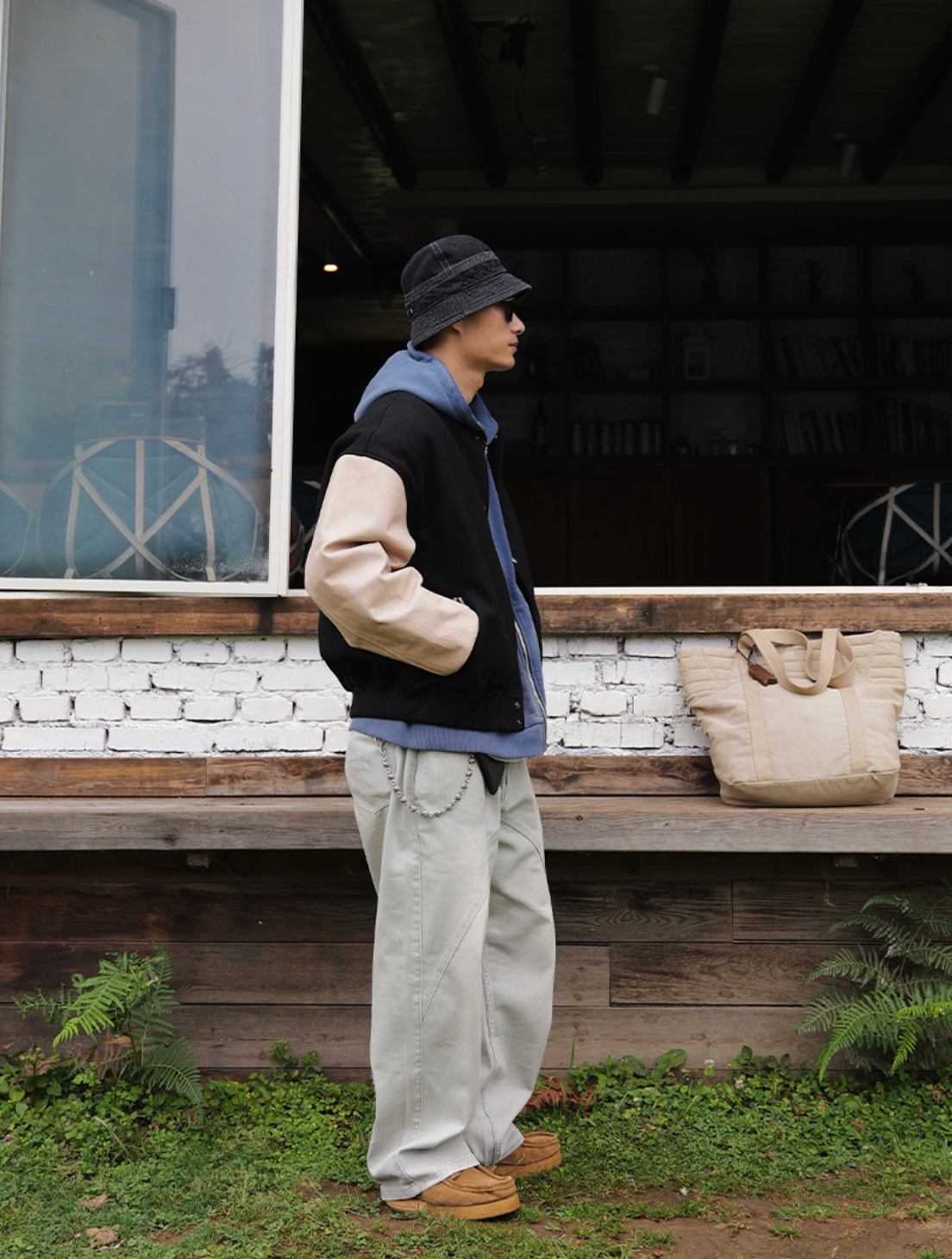 鶴刺繍ウール×レザー 混紡バーシティジャケット　N6252