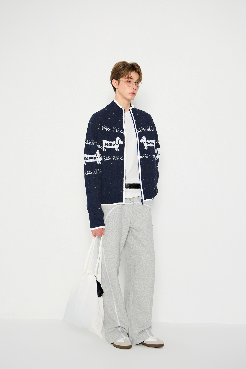 ドッグジャカード ウール混 リラックスニットカーディガン N6311