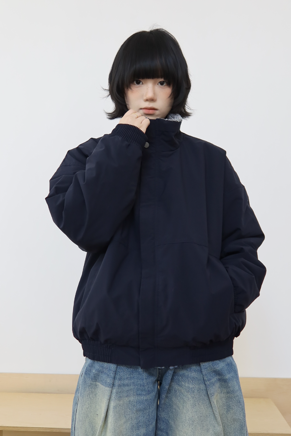 スタンドカラー ボア裏地 ネイビー中綿ジャケット　N6319