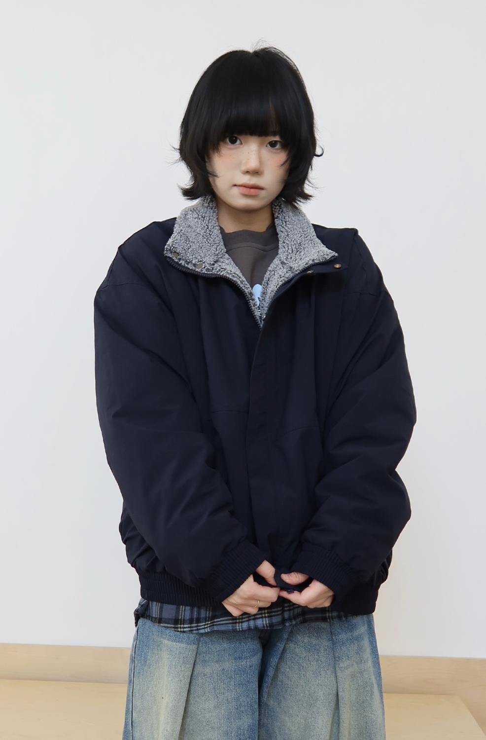 スタンドカラー ボア裏地 ネイビー中綿ジャケット　N6319