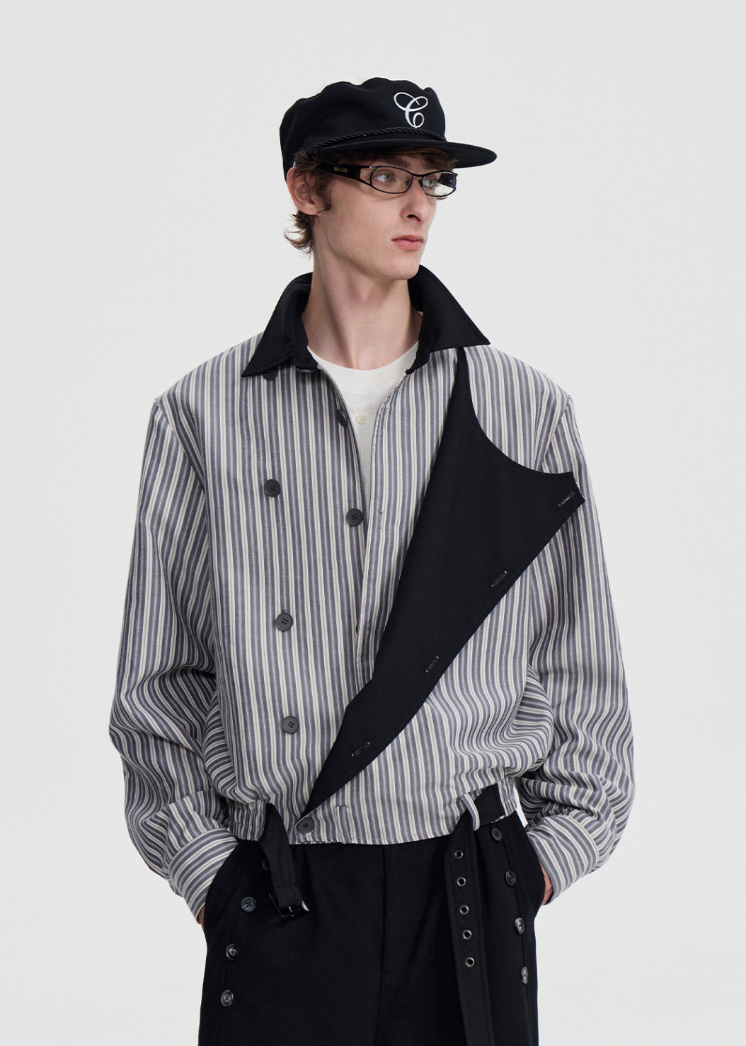 ストライプ解構 スタンドカラー ボタンジャケット N6390