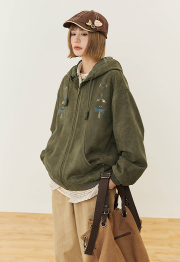 スエードタッチ 刺繍フーディ ジップアップ N6473