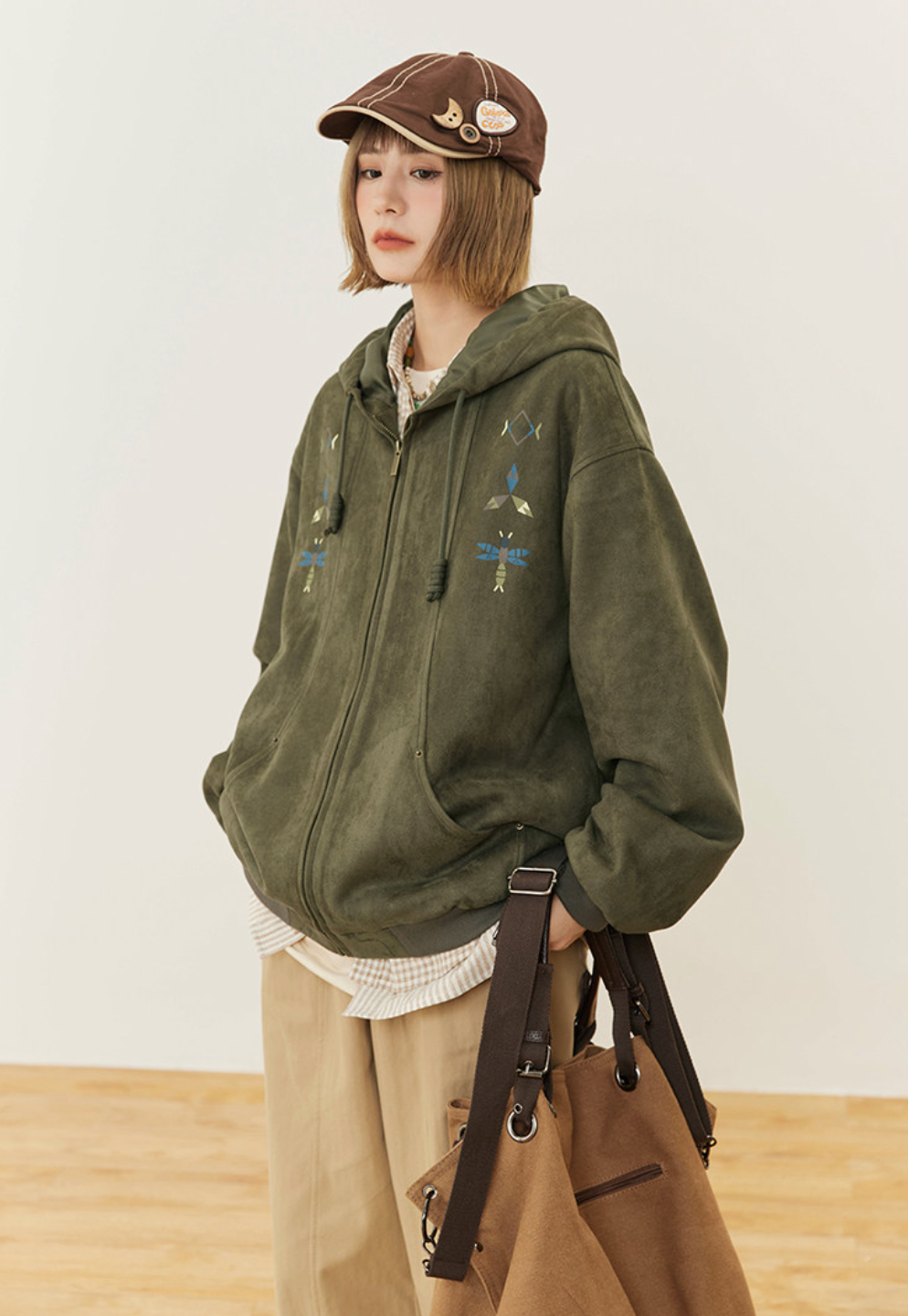 スエードタッチ 刺繍フーディ ジップアップ N6473