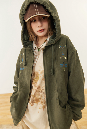 スエードタッチ 刺繍フーディ ジップアップ N6473