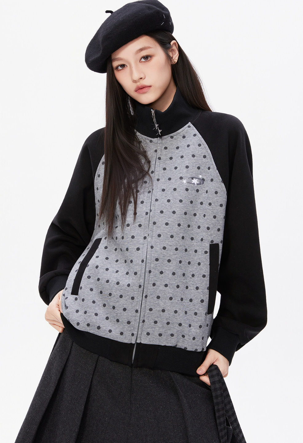 ドットプリント スタンドカラー ジップスウェット N6491