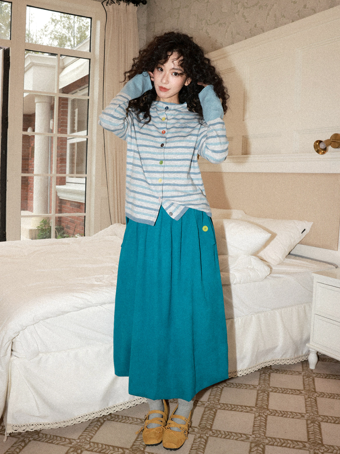 ペールブルーストライプ 羊毛混カーディガン N6517