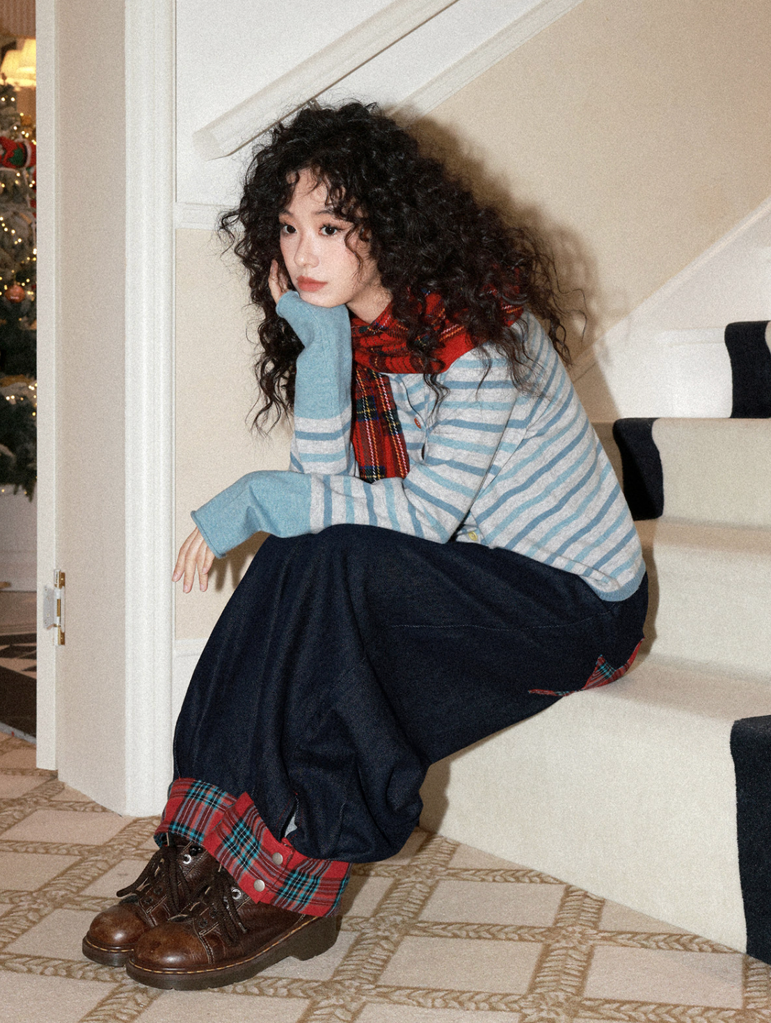 ペールブルーストライプ 羊毛混カーディガン N6517