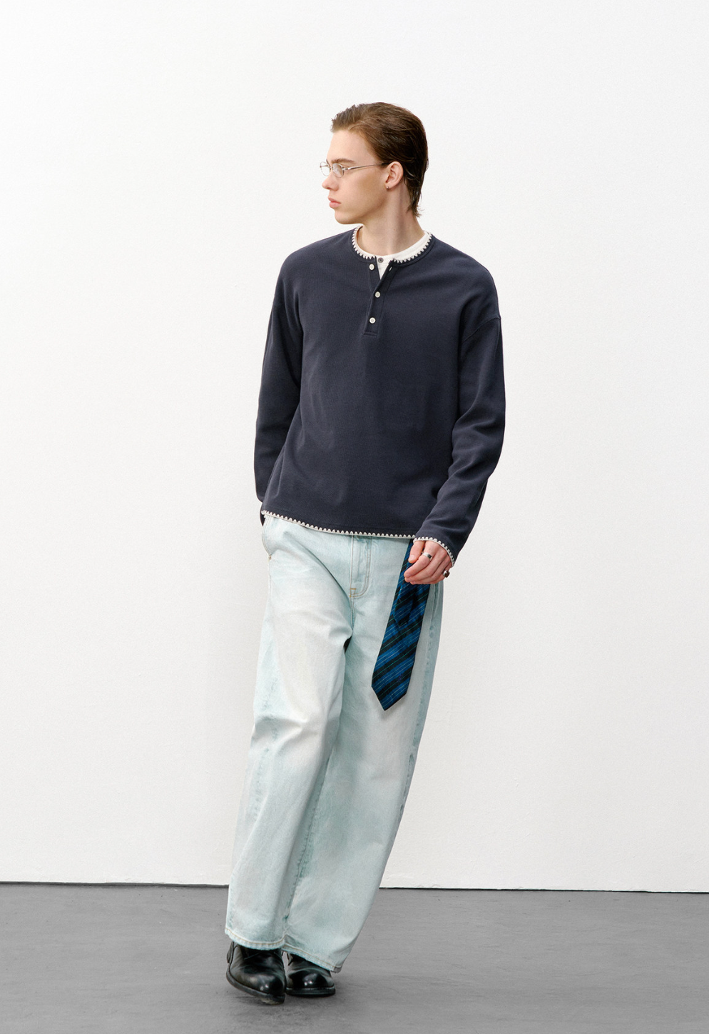 ヘビーコットン ヘンリーネック ルーズロングT　N6605