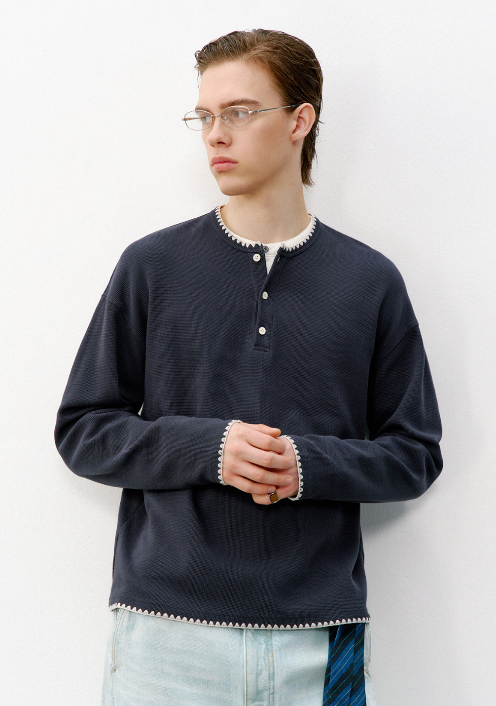 ヘビーコットン ヘンリーネック ルーズロングT　N6605