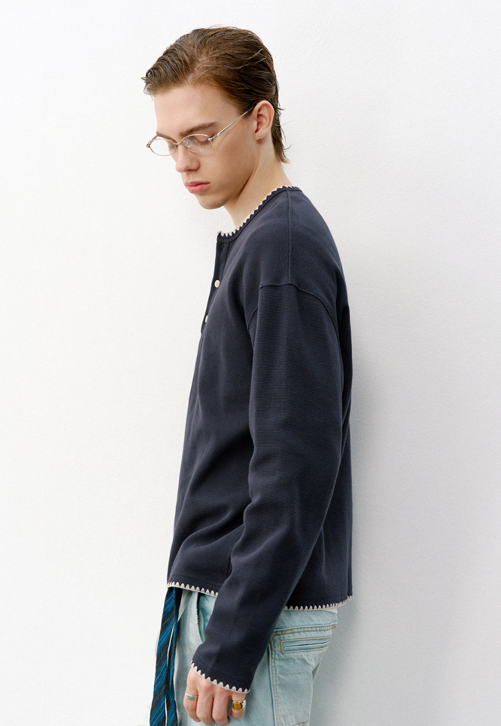 ヘビーコットン ヘンリーネック ルーズロングT　N6605