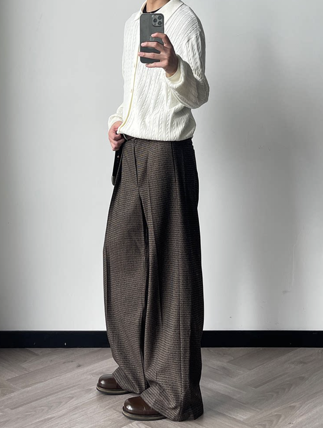 ウール混 千鳥ストライプワイドスラックス N6631