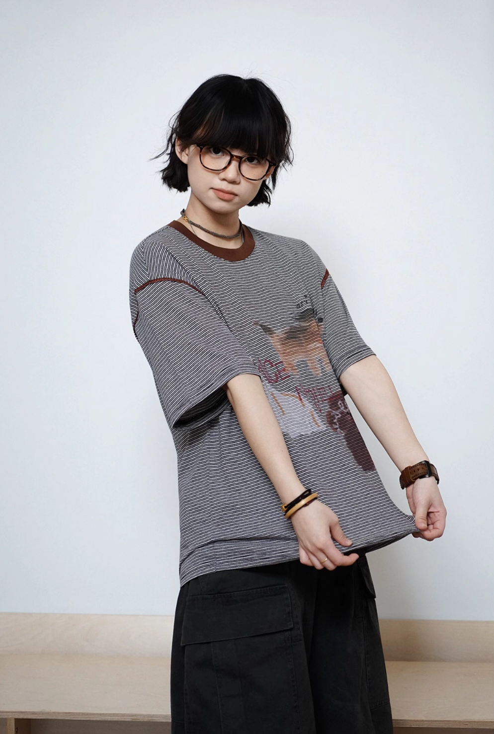ピンボーダー アニマルグラフィック リンガーTシャツ N6868