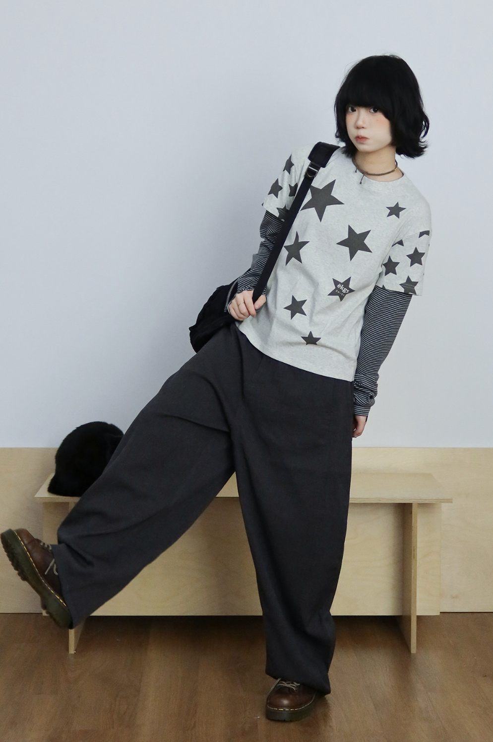 スター総柄 フェイクレイヤード ロングスリーブT N6934