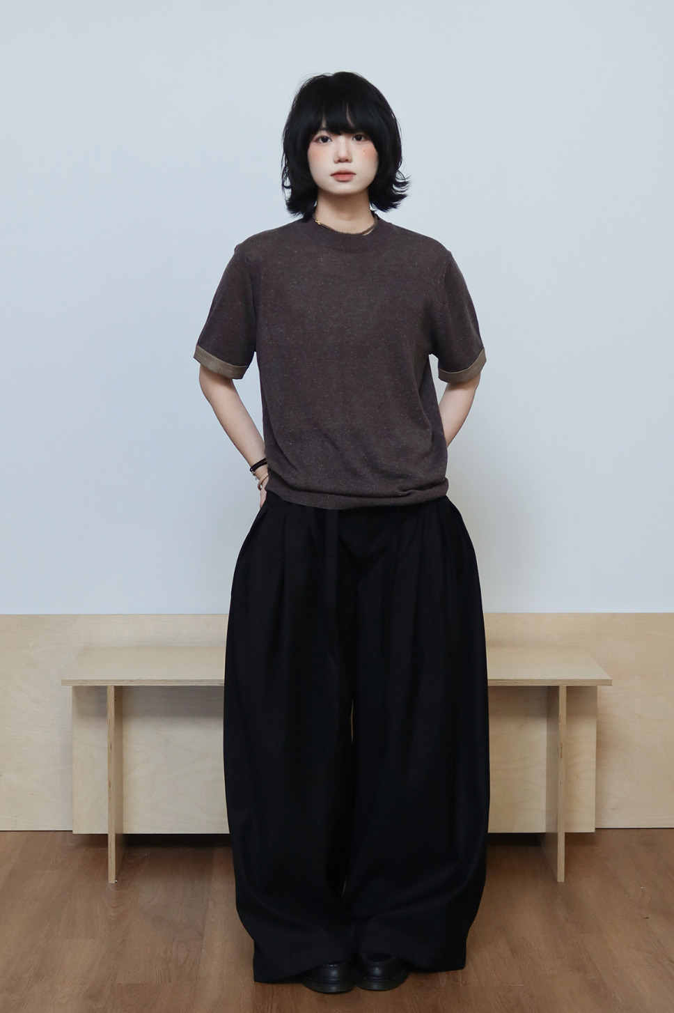リヨセル混 千鳥格子カフス ニットTシャツ　N6953