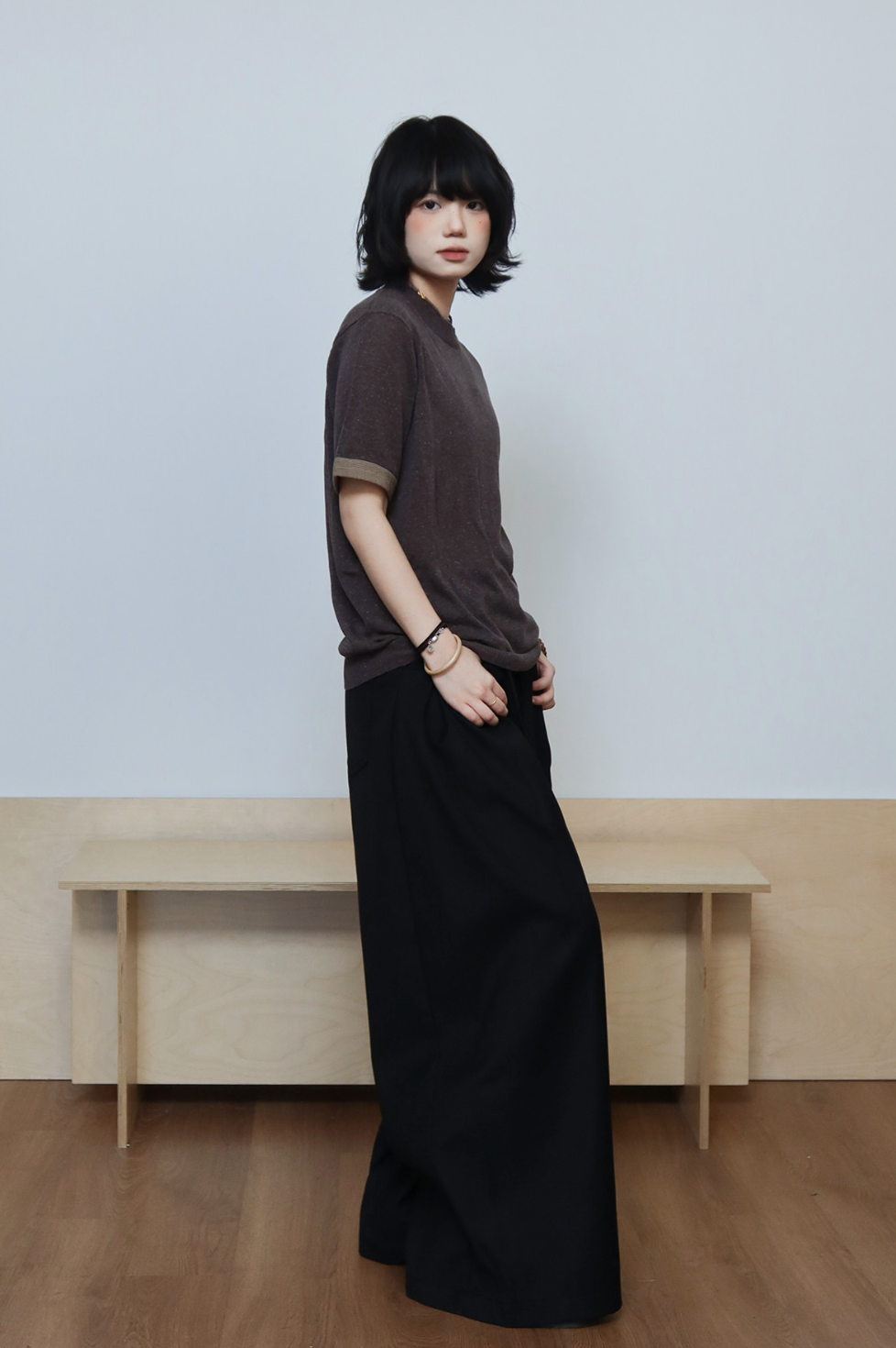 リヨセル混 千鳥格子カフス ニットTシャツ　N6953