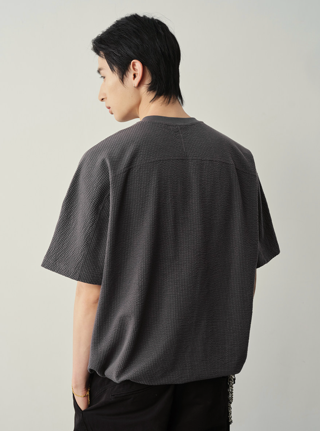 ワッフル地 ヘンリーネック 裾ドロスト Tシャツ　N6981