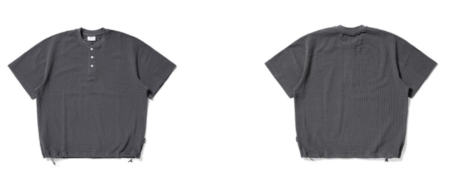 ワッフル地 ヘンリーネック 裾ドロスト Tシャツ　N6981