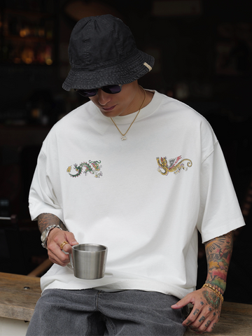コットン龍虎プリントダメージ加工Tシャツ N7074