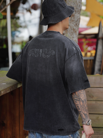 コットン龍虎プリントダメージ加工Tシャツ N7074