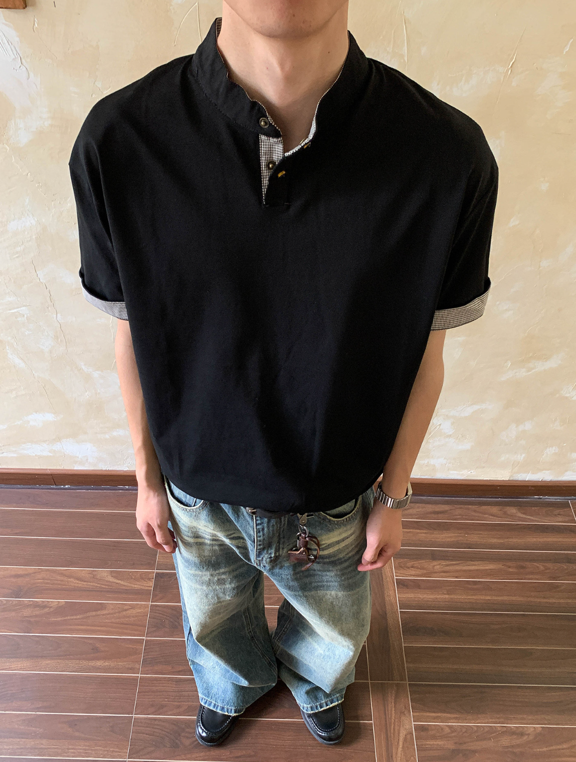 千鳥格切替ヘンリーネックゆったりTシャツ N7114