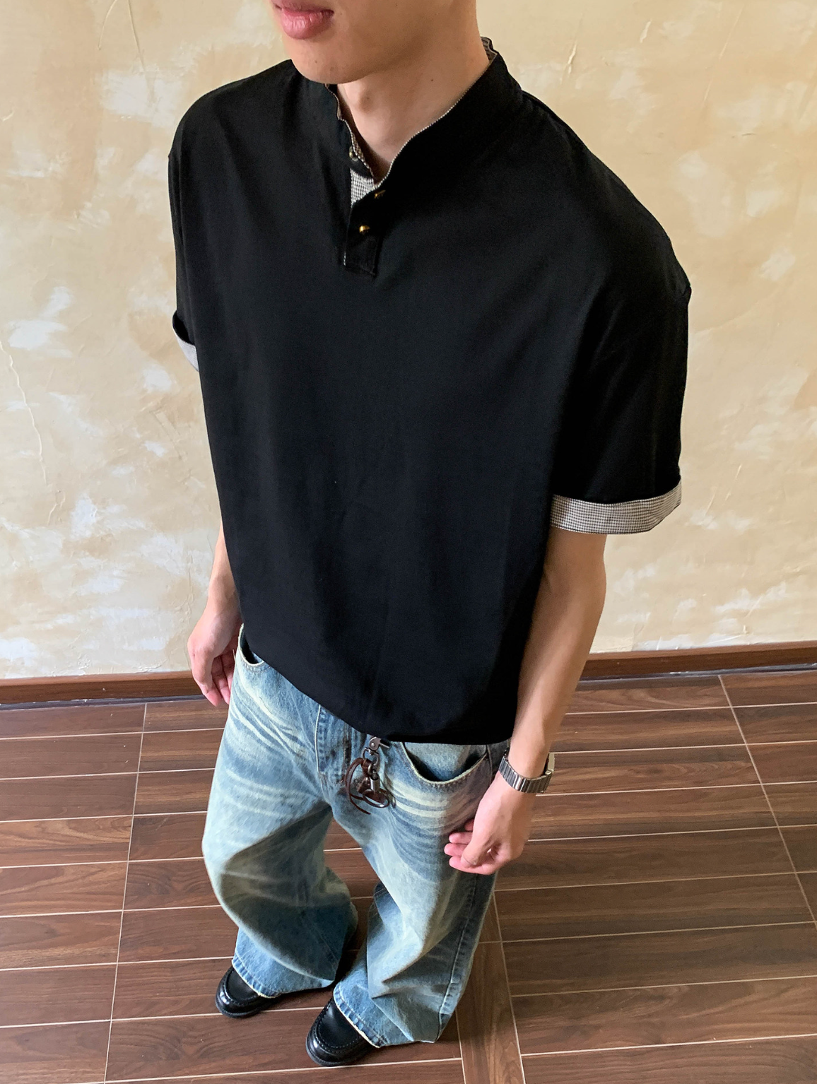 千鳥格切替ヘンリーネックゆったりTシャツ N7114