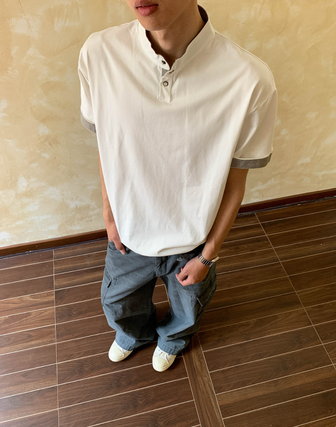 千鳥格切替ヘンリーネックゆったりTシャツ N7114