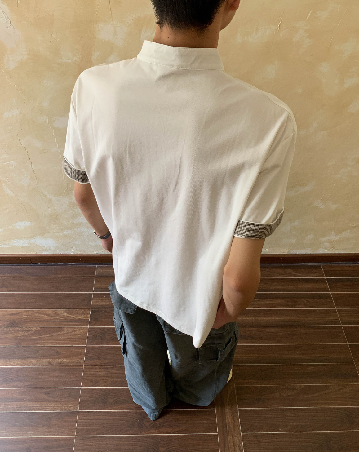 千鳥格切替ヘンリーネックゆったりTシャツ N7114