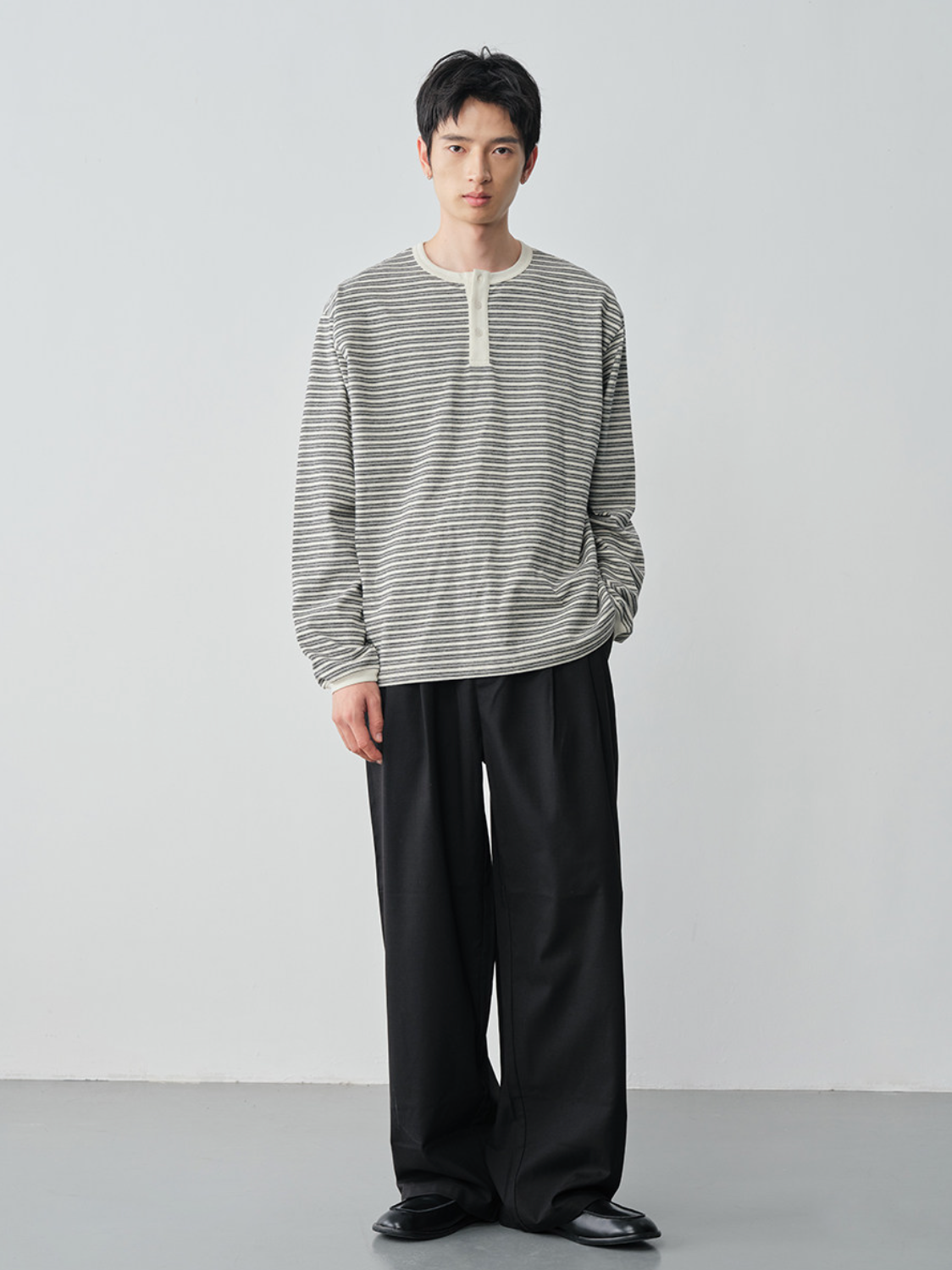 ボーダーヘンリーネックロングTシャツ N7334